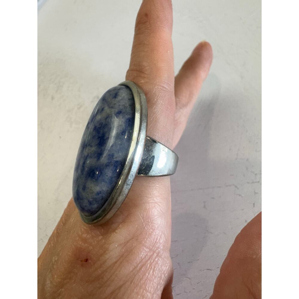 Bold Blue Oval Stone Statement Ring 10 Silver Ton… - image 2